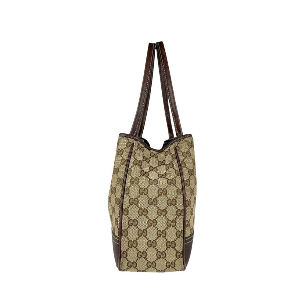 Gucci Brown Leather GG Handbag Canvas Beige Tote Bag Brown Tan